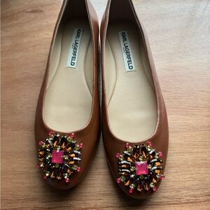 Karl Lagerfeld Brown Leather Flat  with Embellished Toe